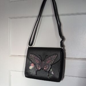 Black Butterfly Embroidered Shoulder Bag